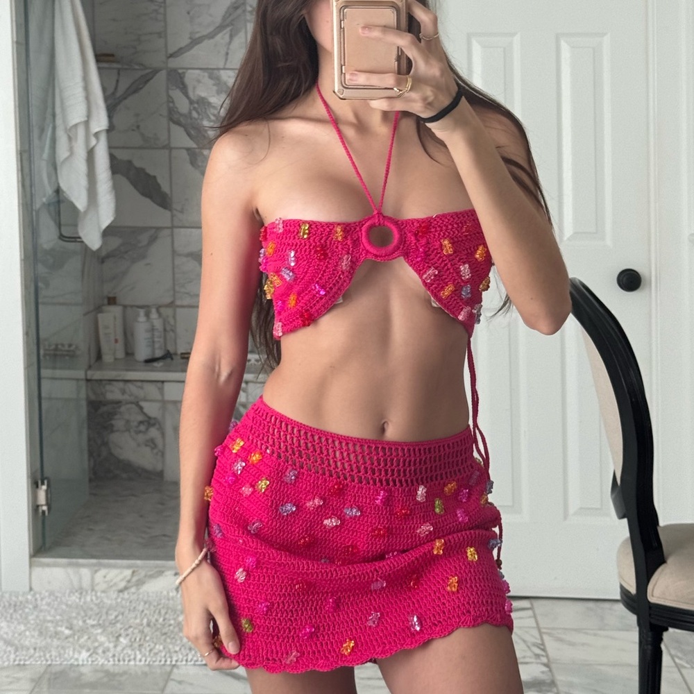 Pink Crochet Mini skirt Set